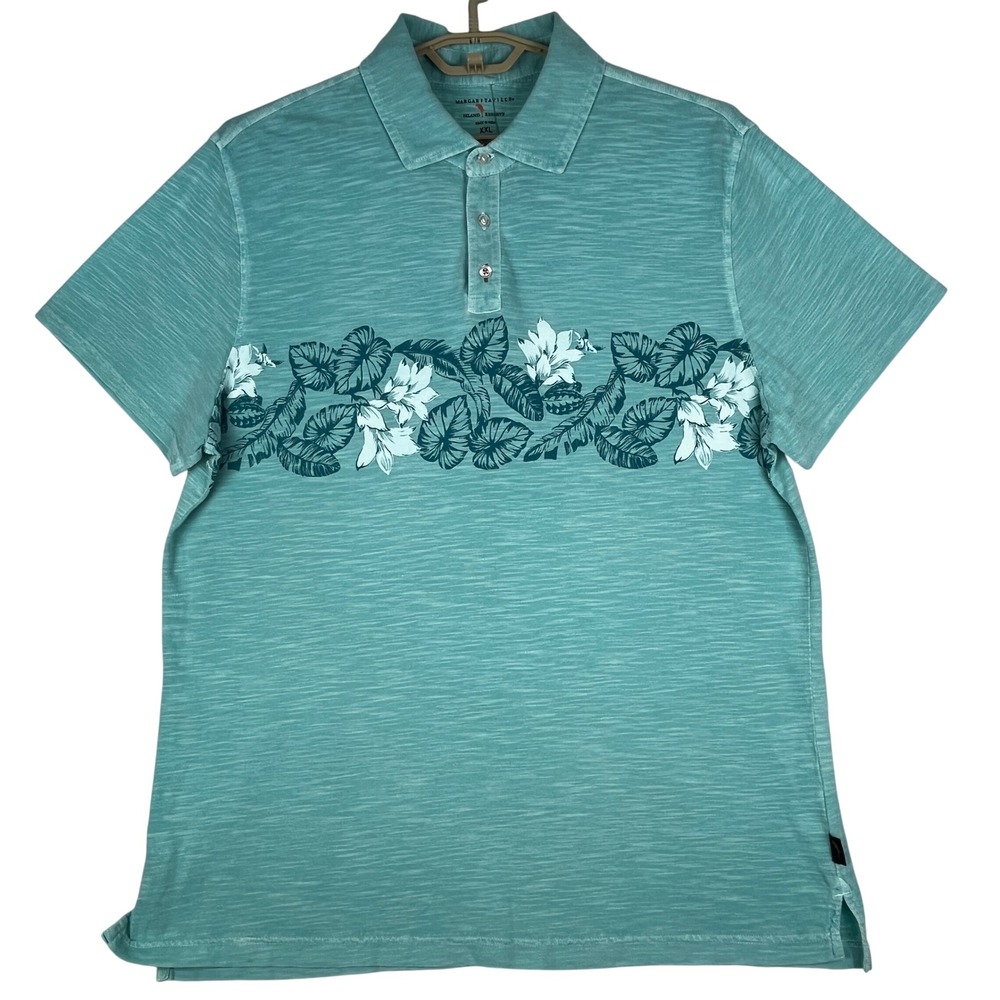 Margaritaville Polo Shirt Mens XXL Teal Green Tropical Floral Island Reserve